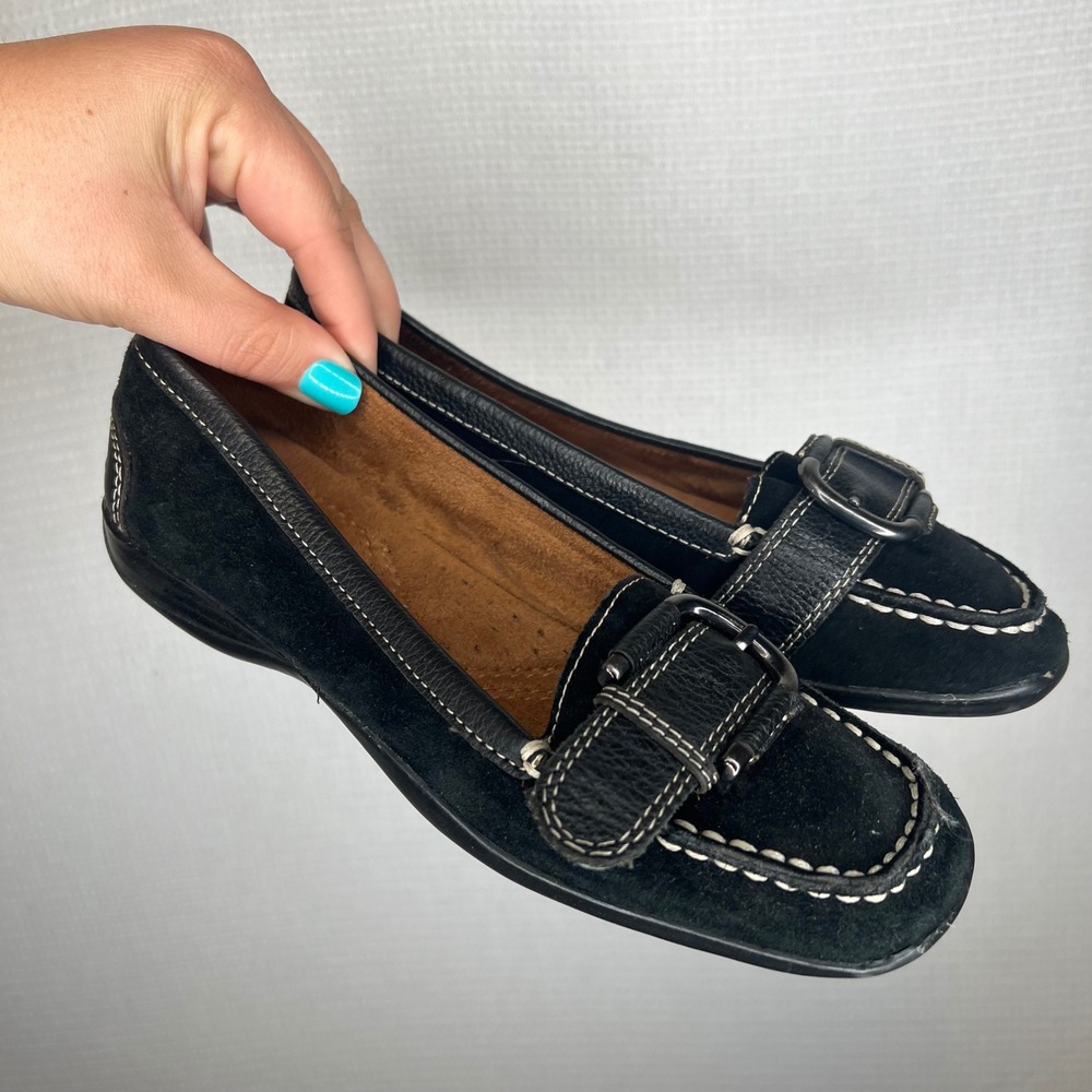 Naturalizer Womens Black Suede Leather Buckle Loafers Contrast Stitch Size 8.5 M